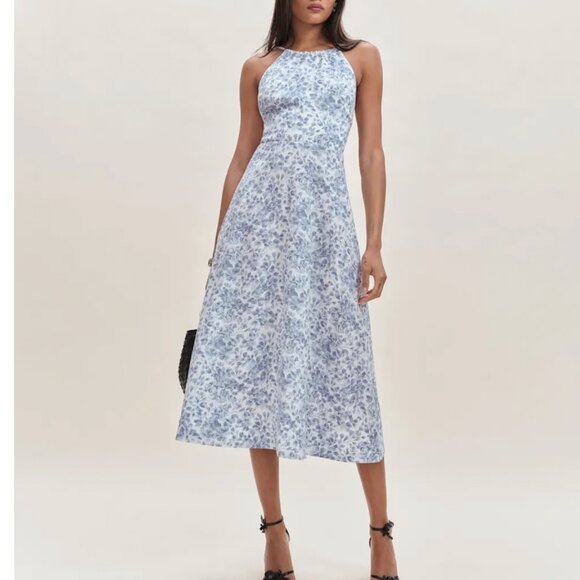 NEW Reformation Yuliy Linen Midi Dress Sz2 Chloe Blue Ivory Floral Wedding - Picture 3 of 10